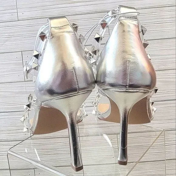 STEVE MADDEN PANOLA HEELS 8.5 SILVER CLEAR STRAPPY SANDALS WEDDING STUD - Picture 3 of 5